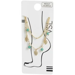 Discount Gifi Chaîne de cheville 2 rangs pampilles feuilles dorées et perles vertes