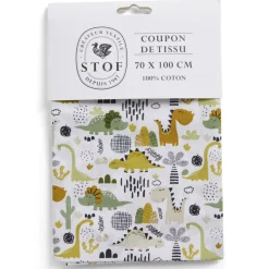 Gifi Coupon tissu imprimé dinosaures 70x100cm coton blanc, vert et orange