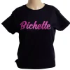 New Gifi T-shirt femme inscription Bichette coton noir et rose