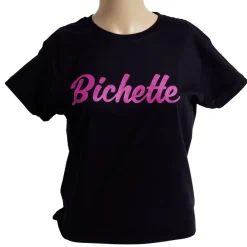 New Gifi T-shirt femme inscription Bichette coton noir et rose