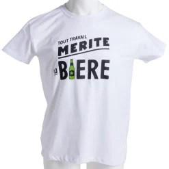 Discount Gifi T-shirt homme inscription Tout Travail Mérite Sa Bière coton blanc